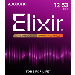 Elixir 11052 Nanoweb Coated 80/20 Bronze Light Gauge 12-53 Gauge Acoustic Guitar String Set