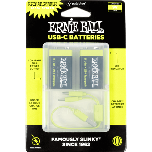Ernie Ball P09642 USB-C Rechargeable 9V Battery by Paleblue - (Pack of 2)